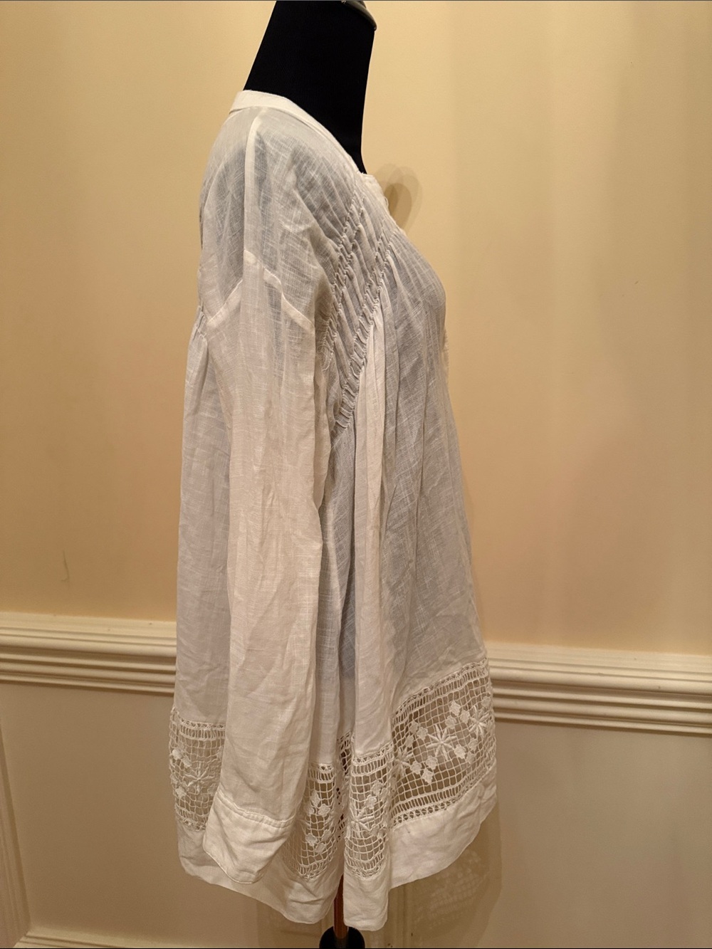 Free People Green Gardens White Gauzy Button-Front Tunic w/ Lace Hem Size Small - Picture 8 of 11